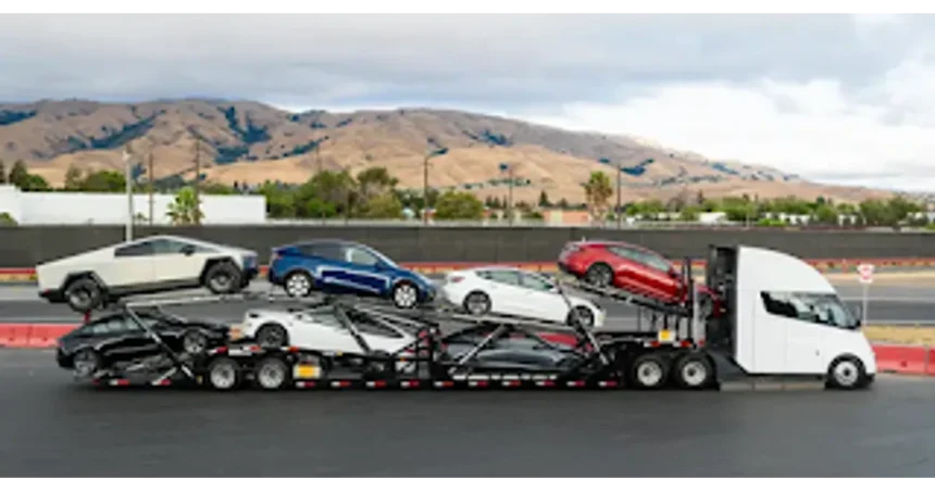 Tesla SemiTruck Ferrying a cyber truck And few Tesla models 