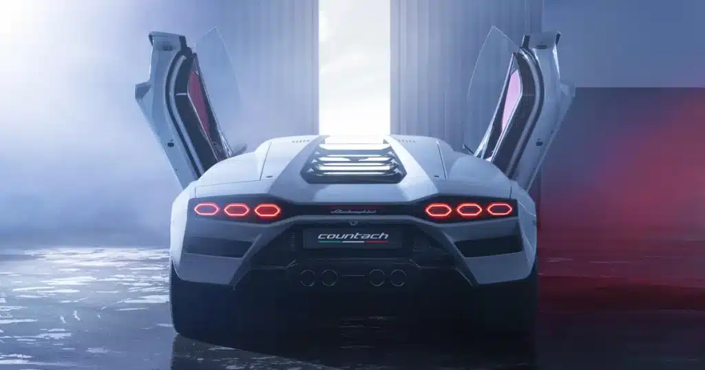 2022 Lamborghini Countach LPI 800-4 Rear View with its hinged doors opened